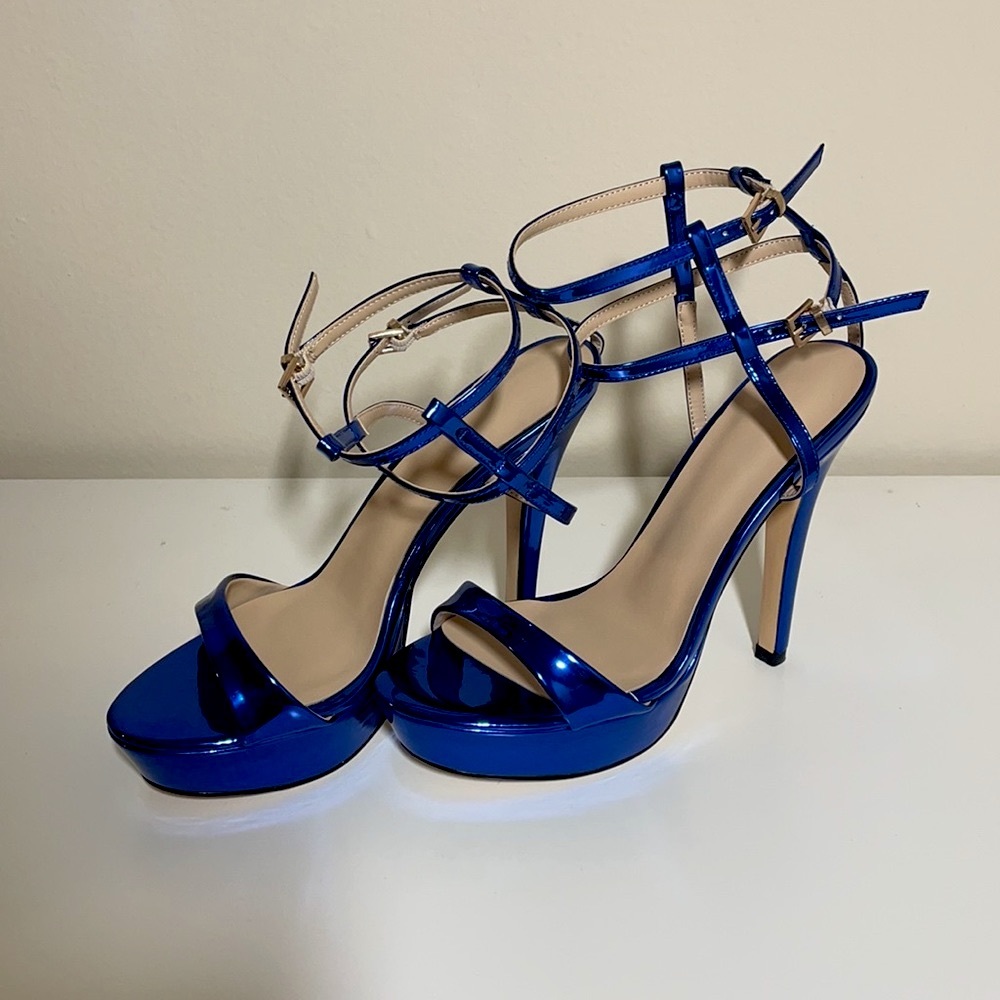 Electric Blue Yolkomo Women's Ankle Strap Open Toe Stiletto Heel Platform